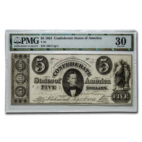 1861 $5.00 (T-34) C. G. Memminger VF-30 PMG (Cut Cancelled) 1861 $5.00 (T-34) C. G. Memminger VF-30 PMG (Cut Cancelled)